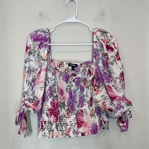 Express Top Women's XL Multicolor Floral Smocked Puff Tie Sleeves Crop